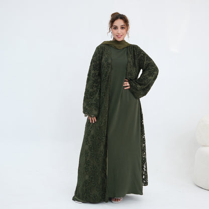 Double-layer Lace Fabric Open Abaya Dress - Black/Coffee/Army Green - #261276