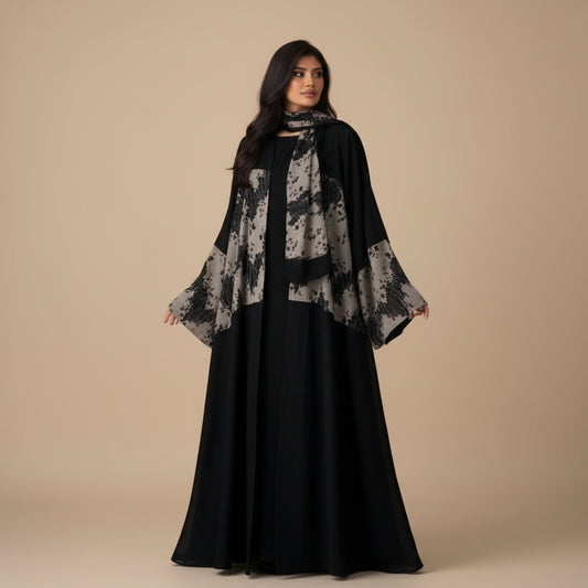 Muslim Women Cardigan Open Abaya Dress With A Matching Hijab - Black - #26M299