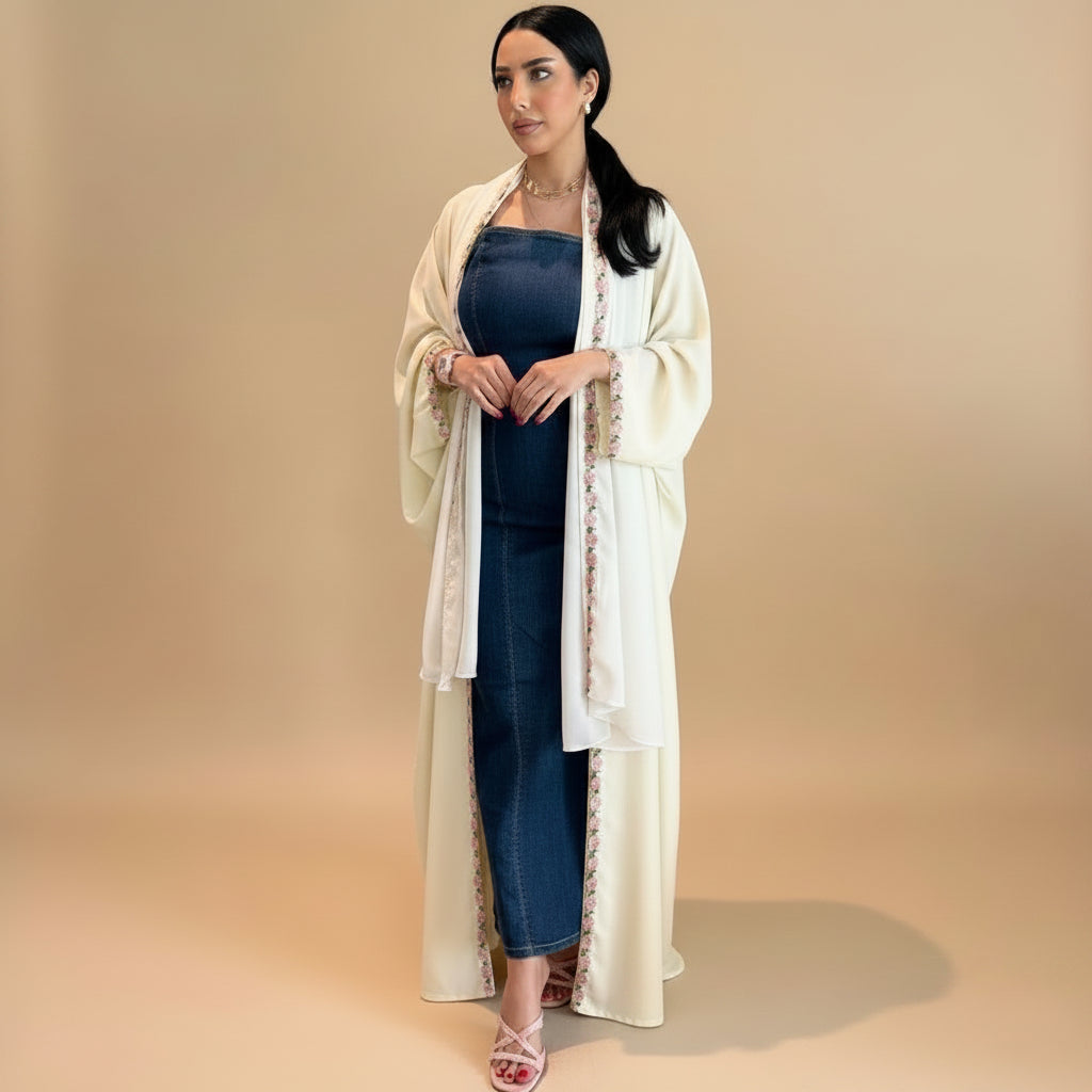 Muslim Women Patchwork Floral Open Abaya Dress With A Matching Hijab #26303