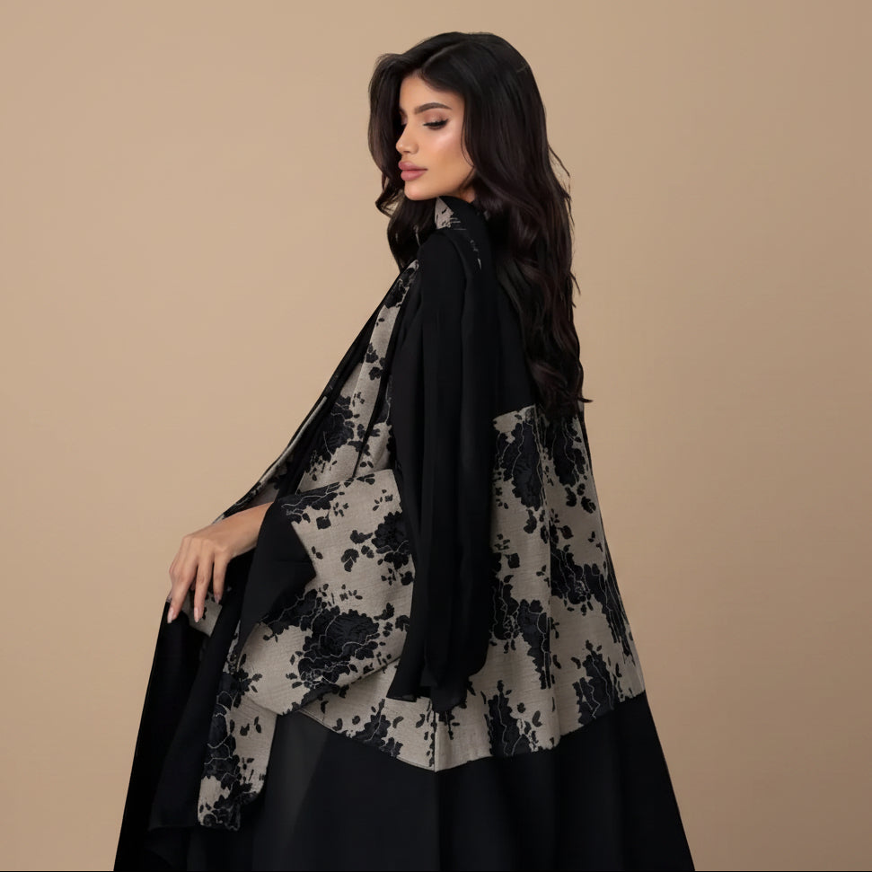 Muslim Women Cardigan Open Abaya Dress With A Matching Hijab - Black - #26M299