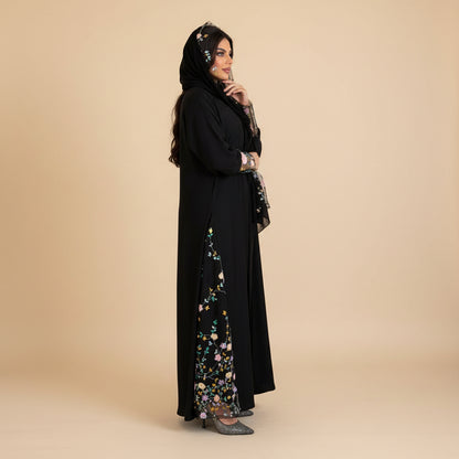 Muslim Women Floral Lace Cardigan Open Abaya Dress With A Matching Hijab #26M282
