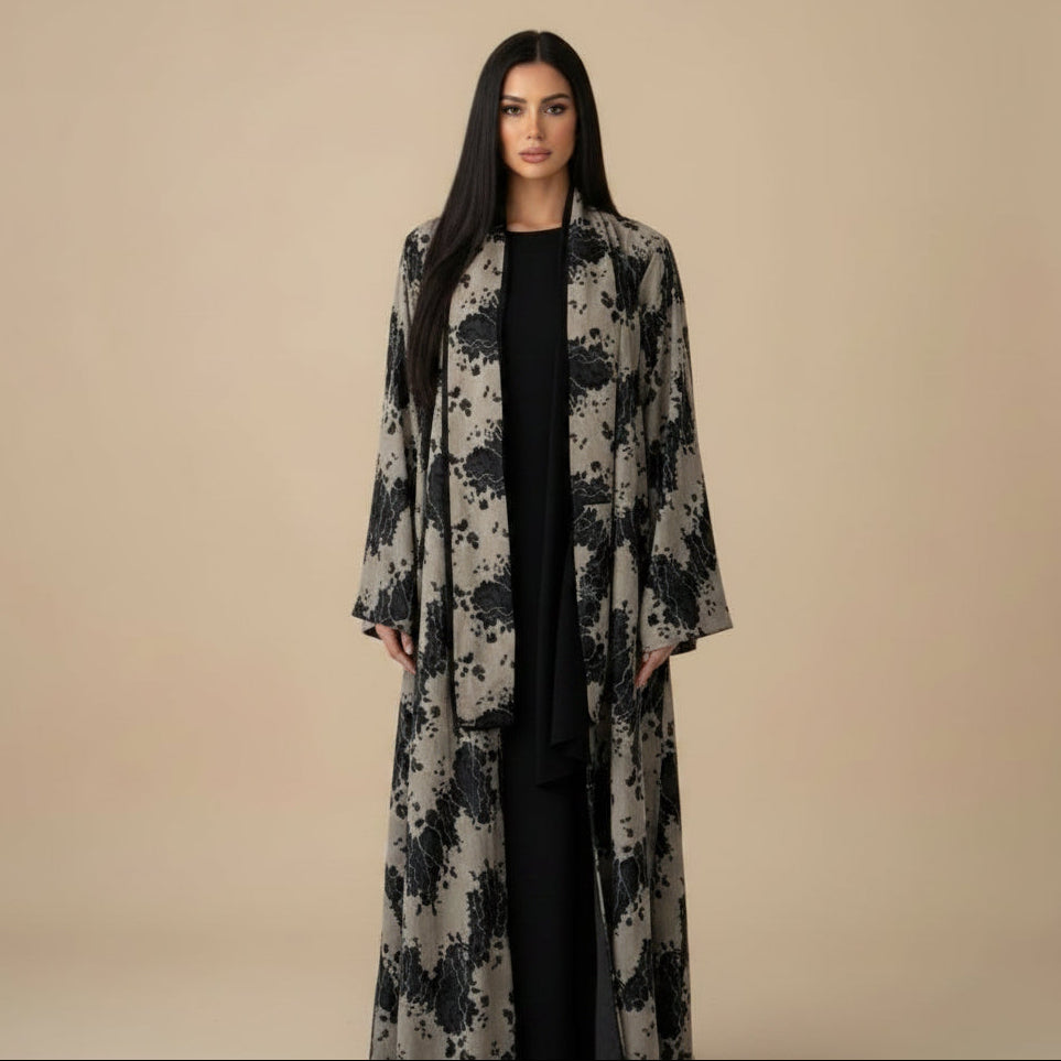 Muslim Women Cardigan Open Abaya Dress With A Matching Hijab - Black - #26M300