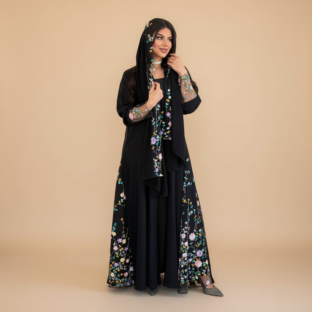 Muslim Women Floral Lace Cardigan Open Abaya Dress With A Matching Hijab #26M282
