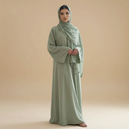 Lace Patchwork Nida Open Abaya Dress With A Matching Hijab - #261173