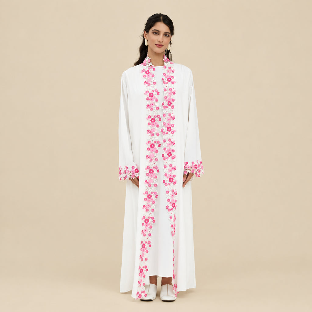 Muslim Women Floral Embroidery Nida Open Abaya Dress #261383