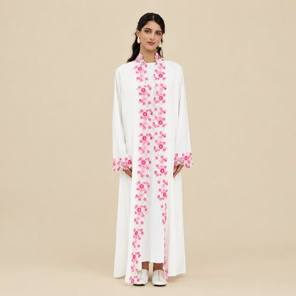Muslim Women Floral Embroidery Nida Open Abaya Dress #261383