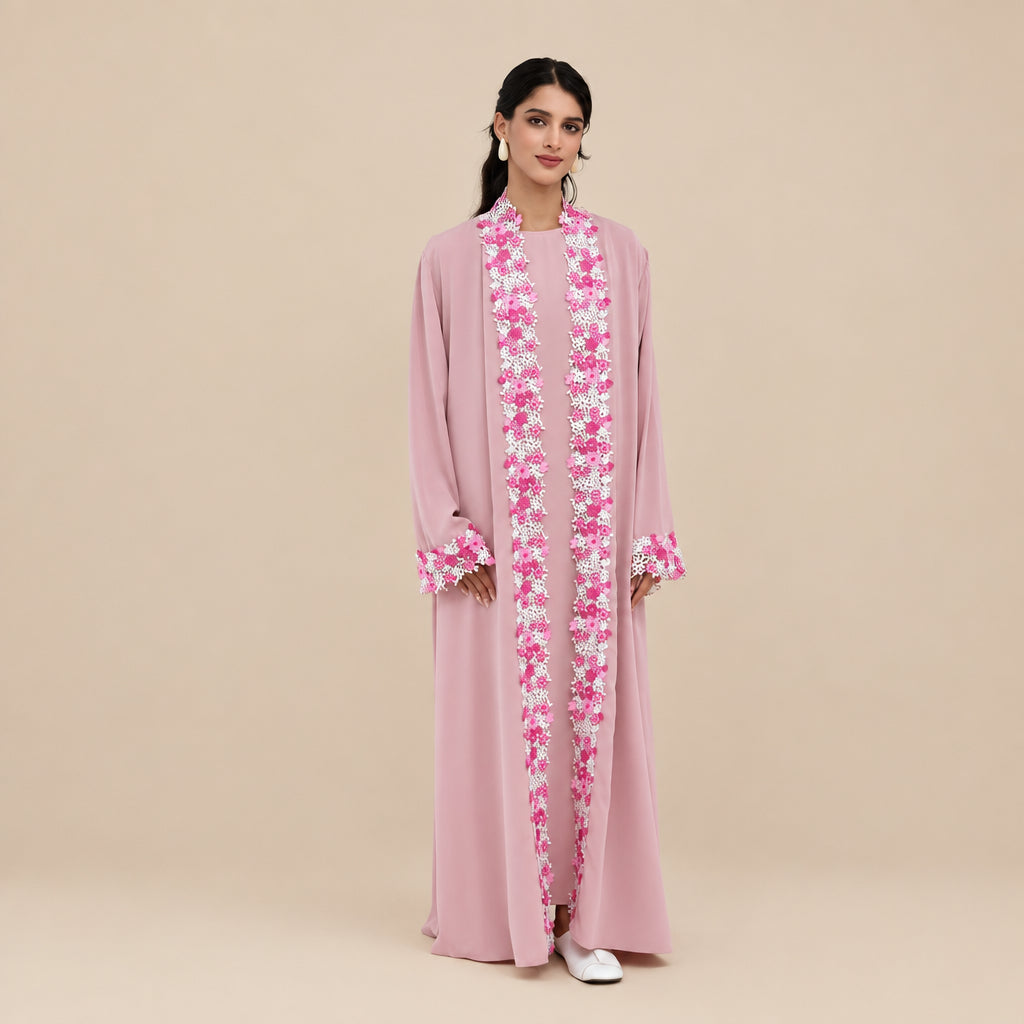 Muslim Women Floral Embroidery Nida Open Abaya Dress #261383