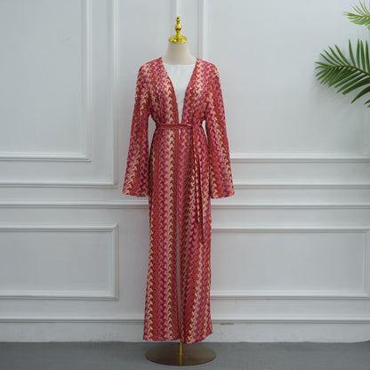Muslim Women Rainbow Jacquard Open Abaya Dress #261346