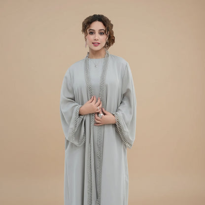 3D Floral Lace 2 Pieces Set Open Abaya Dress Set - With Inner Sleeveless Abaya Dress - #261182