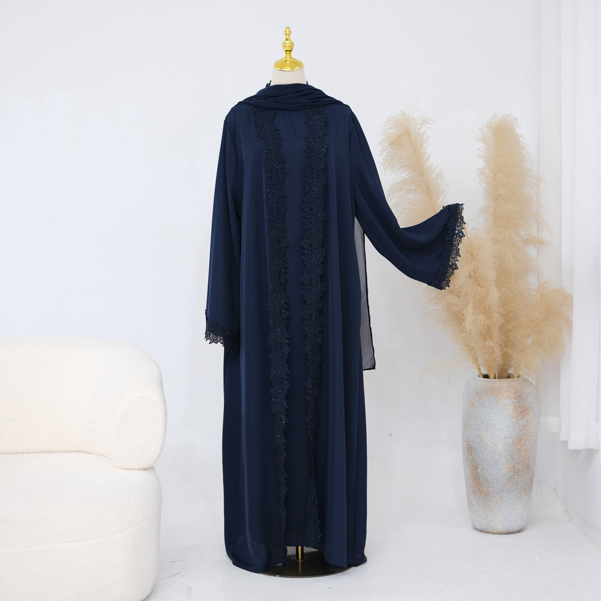 3 Pieces Set Lace Open Abaya Dress - With Inner Sleeveless Abaya Dress And A Matching Hijab - #261191