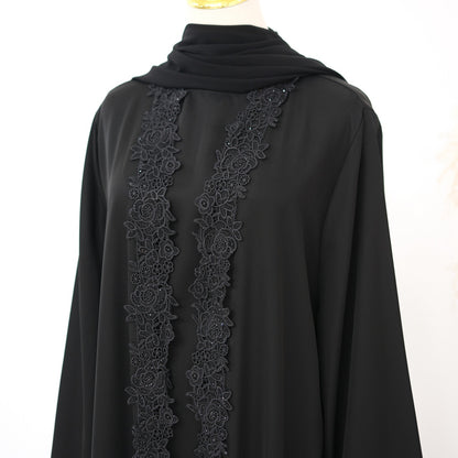 3 Pieces Set Lace Open Abaya Dress - With Inner Sleeveless Abaya Dress And A Matching Hijab - #261191