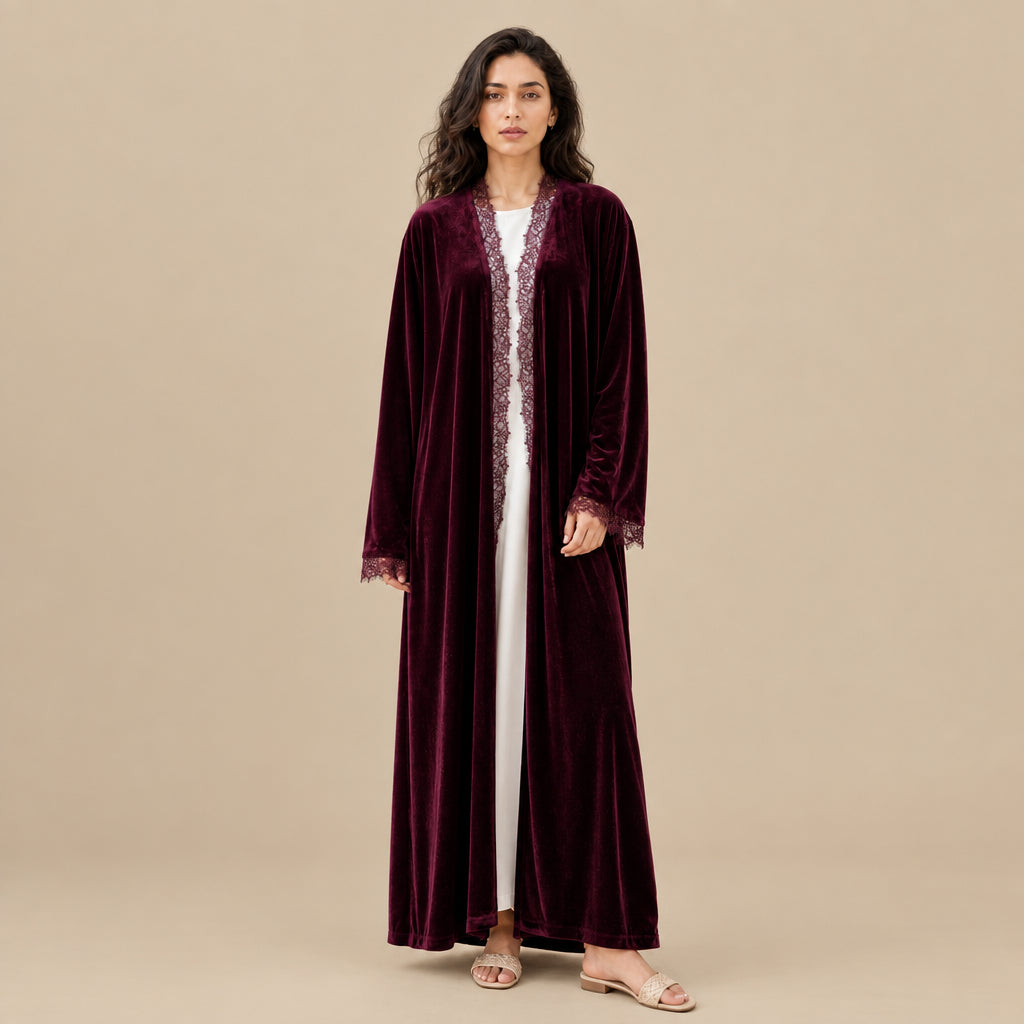 Muslim Women Lace Trimming Velvet Open Abaya Dress #261385
