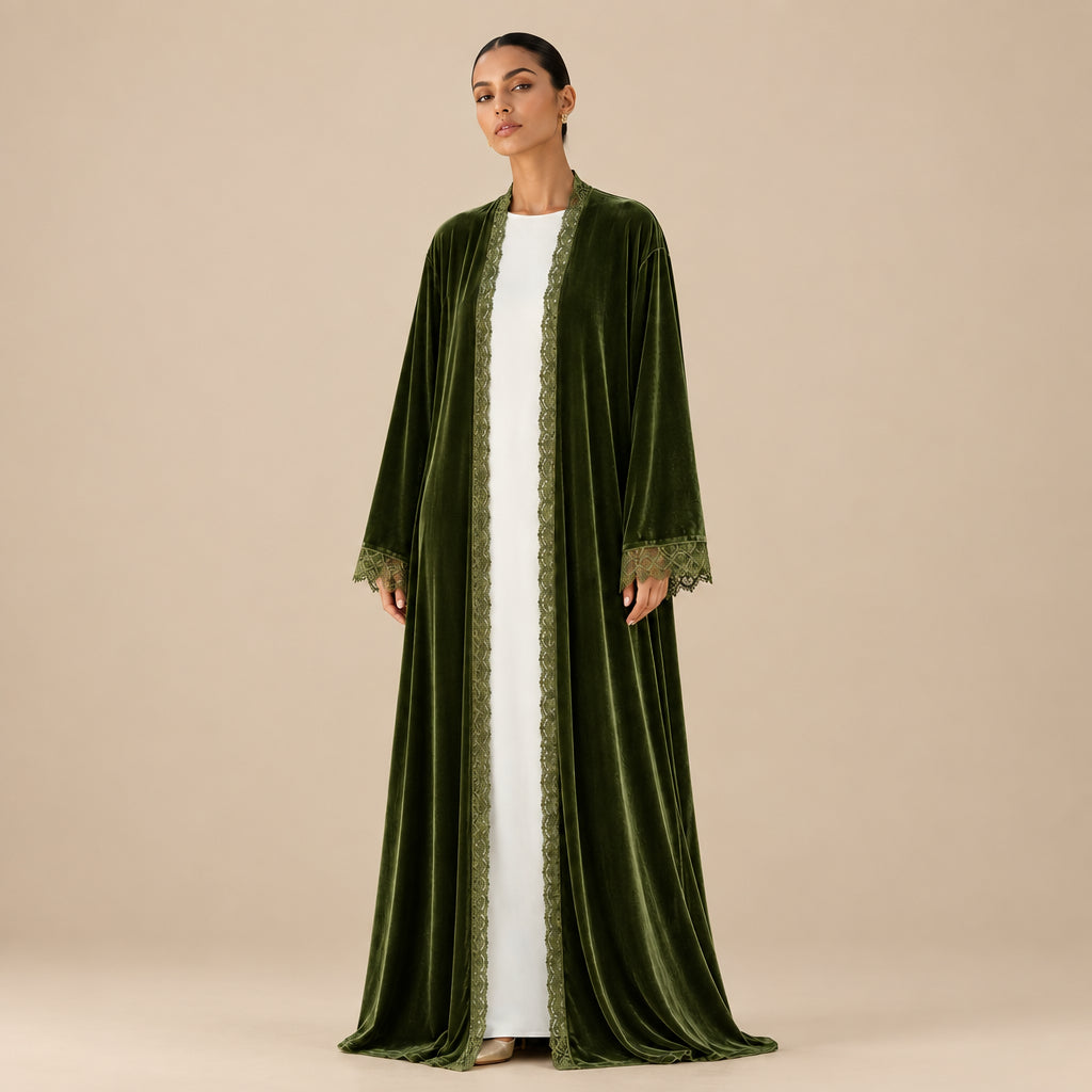 Muslim Women Lace Trimming Velvet Open Abaya Dress #261385