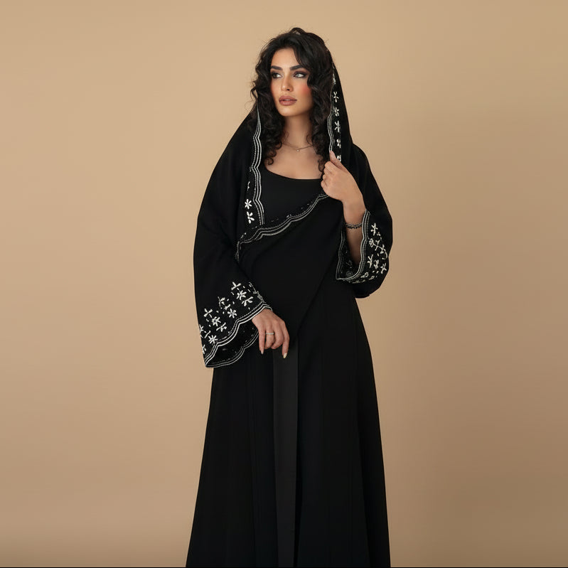 عباية مفتوحة مطرزة للنساء - مع حجاب مطابق - أسود - #26M258