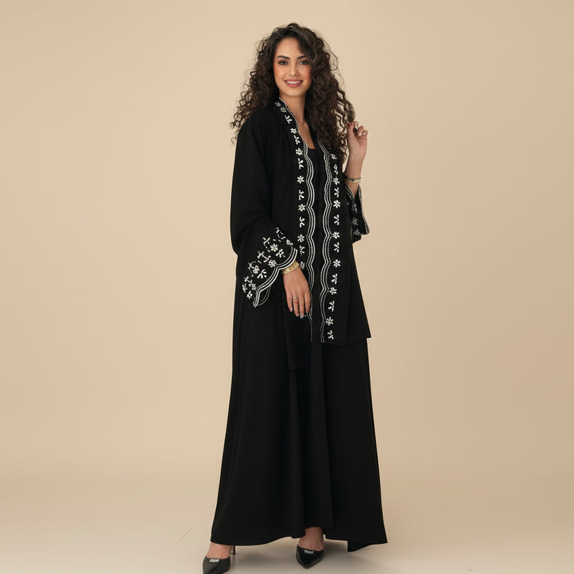 عباية مفتوحة مطرزة للنساء - مع حجاب مطابق - أسود - #26M258