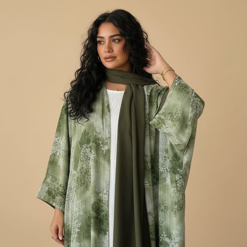 Muslim Women Winkle Chiffon Open Abaya Dress With Matching Hijab #26M270