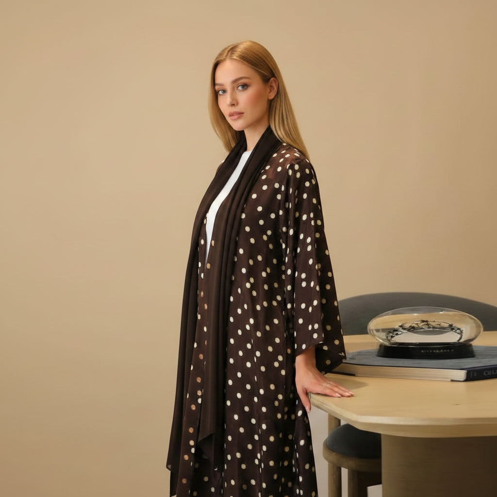 Muslim Women Polka Dot Printed Open Abaya Dress With Matching Hijab #26277