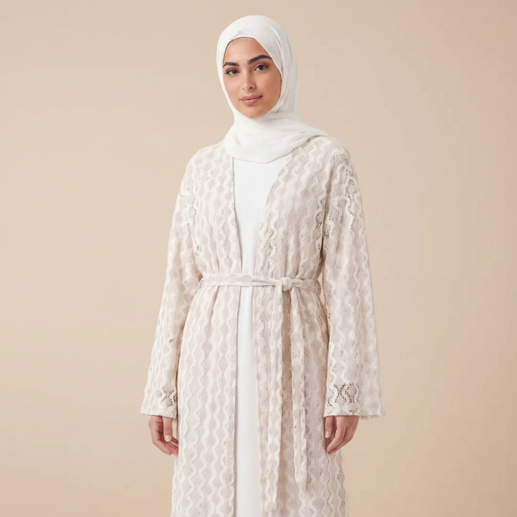 Lace Knitting Openwork Flower Lace Open Abaya Dress - For Muslim Women - #261307