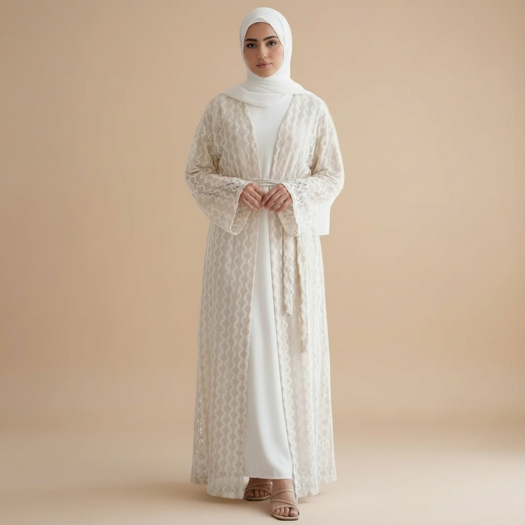 Lace Knitting Openwork Flower Lace Open Abaya Dress - For Muslim Women - #261307