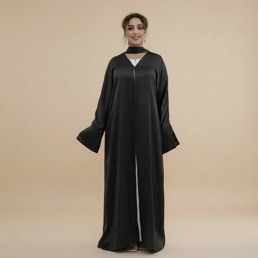 Lace Cuff Open Abaya Dress - For Muslim Women - Black/Coffee/Khaki - #261181