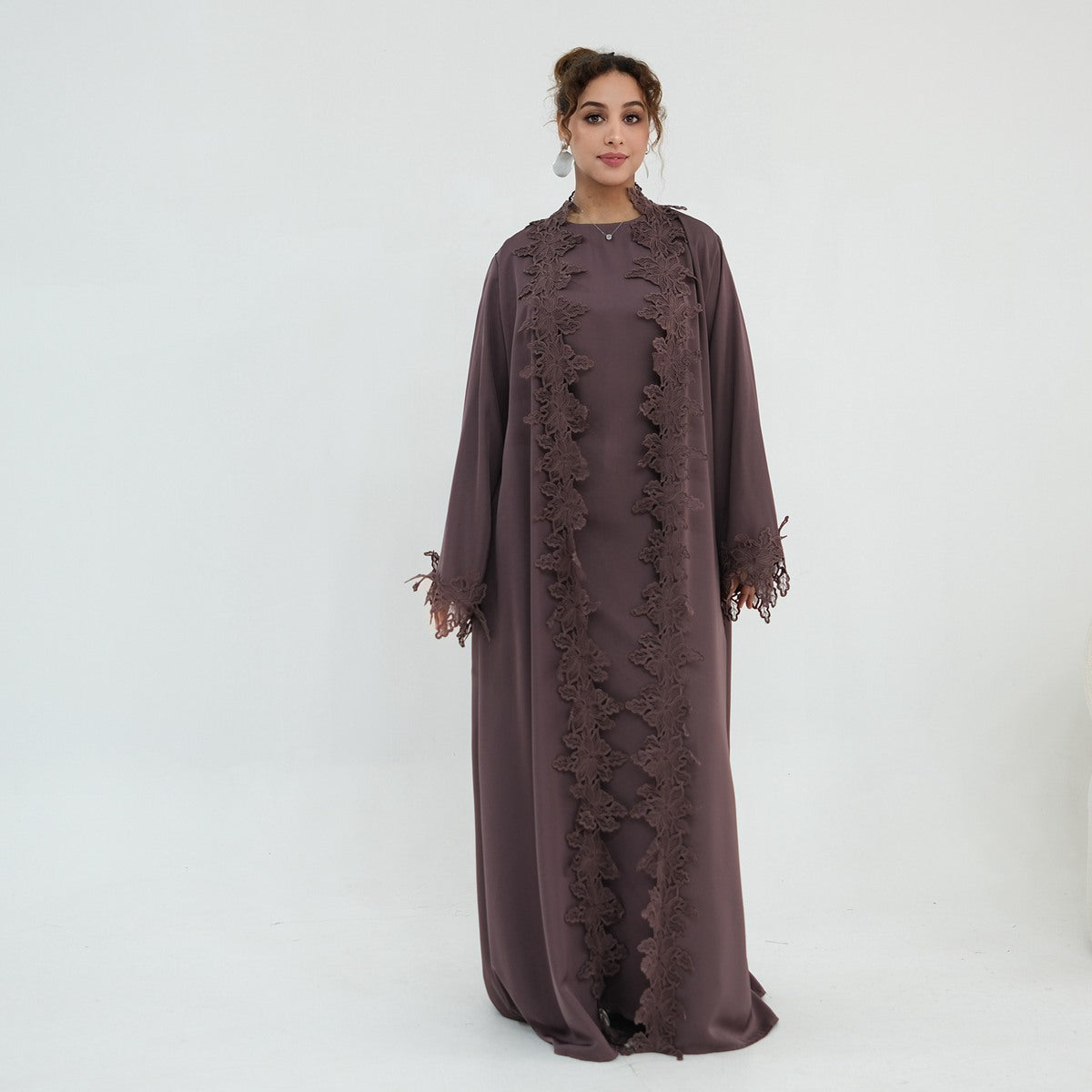 طقم فستان نسائي إسلامي مفتوح بتطريز دانتيل ثلاثي الأبعاد - مع فستان داخلي بدون أكمام - ندى - #261184