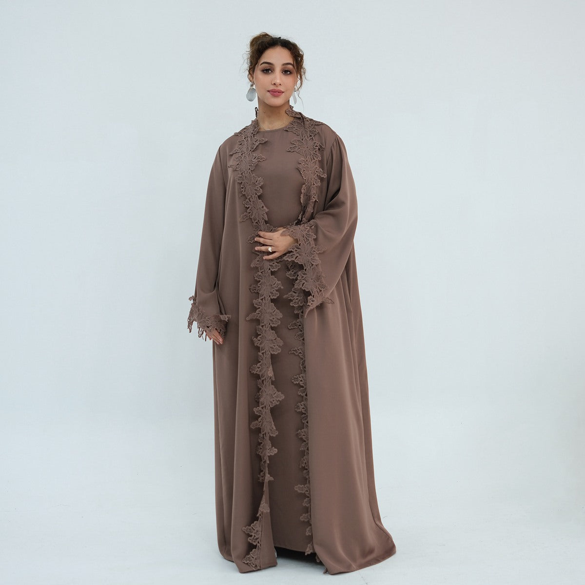 طقم فستان نسائي إسلامي مفتوح بتطريز دانتيل ثلاثي الأبعاد - مع فستان داخلي بدون أكمام - ندى - #261184