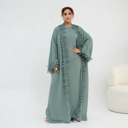 طقم فستان نسائي إسلامي مفتوح بتطريز دانتيل ثلاثي الأبعاد - مع فستان داخلي بدون أكمام - ندى - #261184