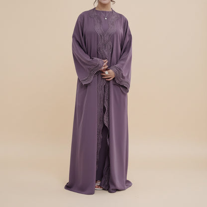 2 Pieces Set Ruffle-trimmed Open Abaya Dress - With Inner Sleevelesss Abaya Dress - #261181