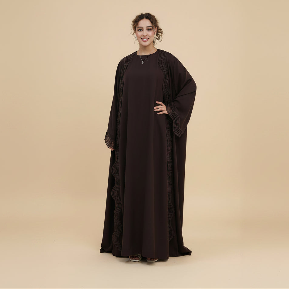 2 Pieces Set Ruffle-trimmed Open Abaya Dress - With Inner Sleevelesss Abaya Dress - #261181