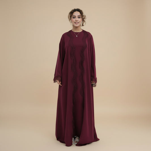 2 Pieces Set Ruffle-trimmed Open Abaya Dress - With Inner Sleevelesss Abaya Dress - #261181