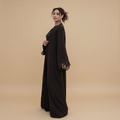 2 Pieces Set Ruffle-trimmed Open Abaya Dress - With Inner Sleevelesss Abaya Dress - #261181