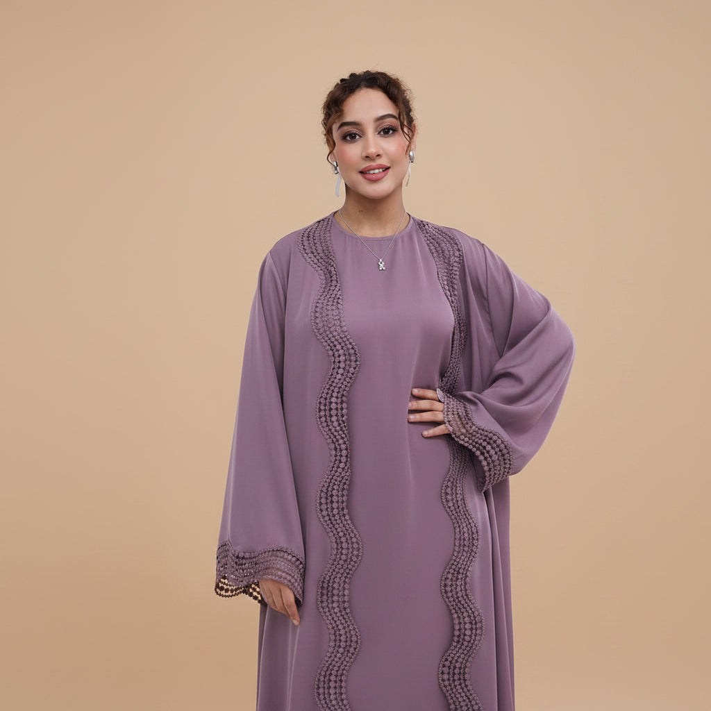 2 Pieces Set Ruffle-trimmed Open Abaya Dress - With Inner Sleevelesss Abaya Dress - #261181