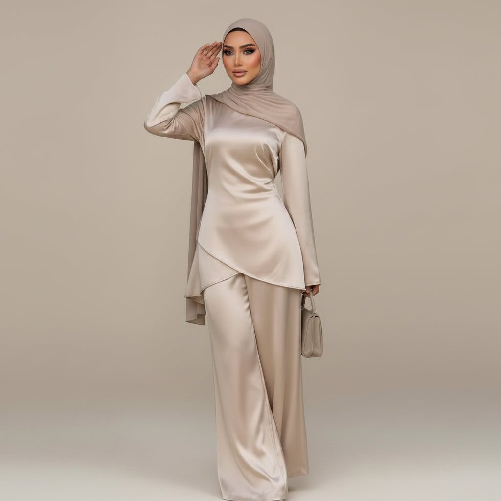 Muslim Women Daily Wear Satin 2 Pieces Tops And Pants Suit Set #261342