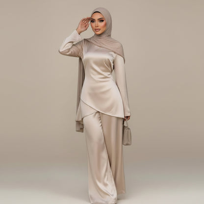Muslim Women Daily Wear Satin 2 Pieces Tops And Pants Suit Set #261342