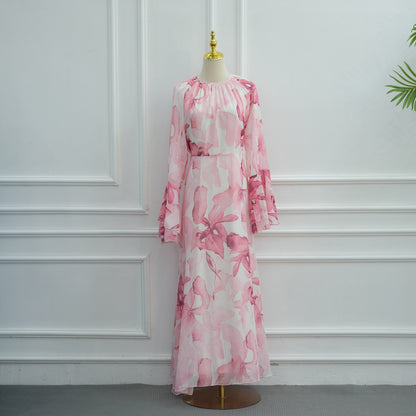 Muslim Women Chiffon Printed Abaya Dress With Lining #261338