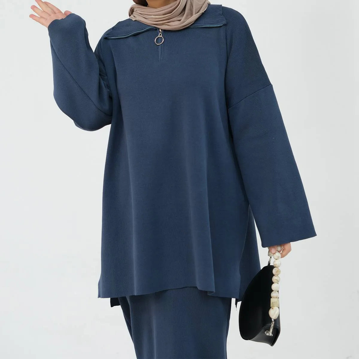 Winter Fall Muslim Women Thick Knitted 2 Pieces Set Tops And Skirt Suit Set #25929