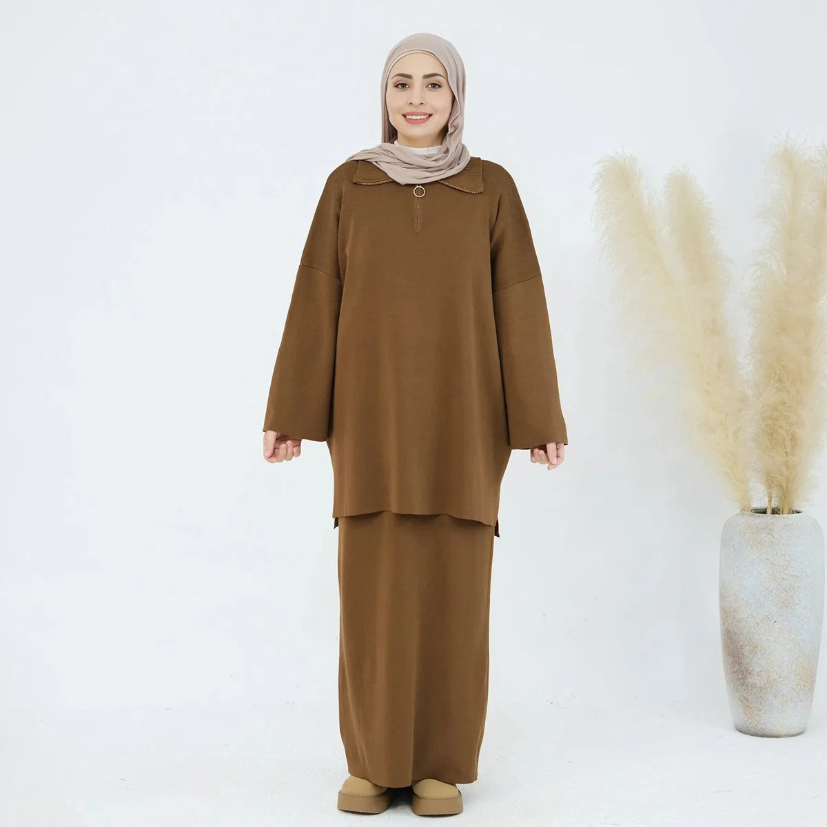 Winter Fall Muslim Women Thick Knitted 2 Pieces Set Tops And Skirt Suit Set #25929