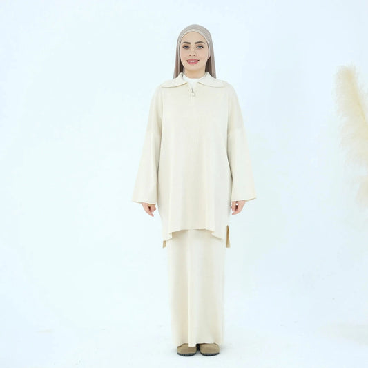 طقم نسائي مسلم شتوي وخريفي محبوك سميك مكون من قطعتين، توب وتنورة، #25929