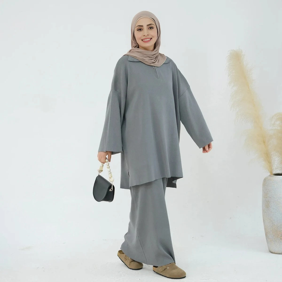 Winter Fall Muslim Women Thick Knitted 2 Pieces Set Tops And Skirt Suit Set #25929
