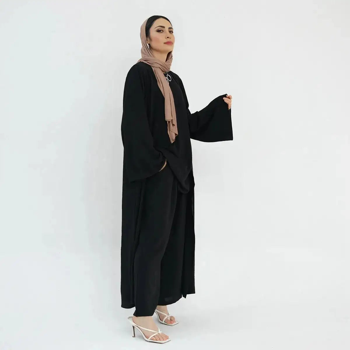 3 Pieces Set Sleeveless Tops Pants Suit With Open Abaya Dress For Muslim Women
