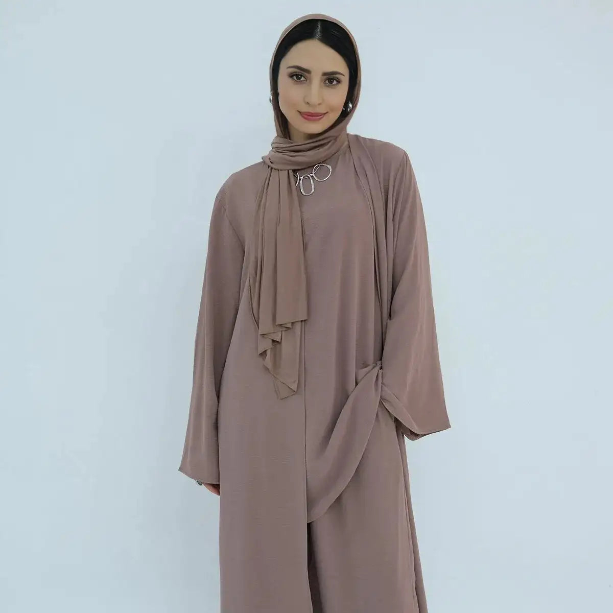3 Pieces Set Sleeveless Tops Pants Suit With Open Abaya Dress For Muslim Women