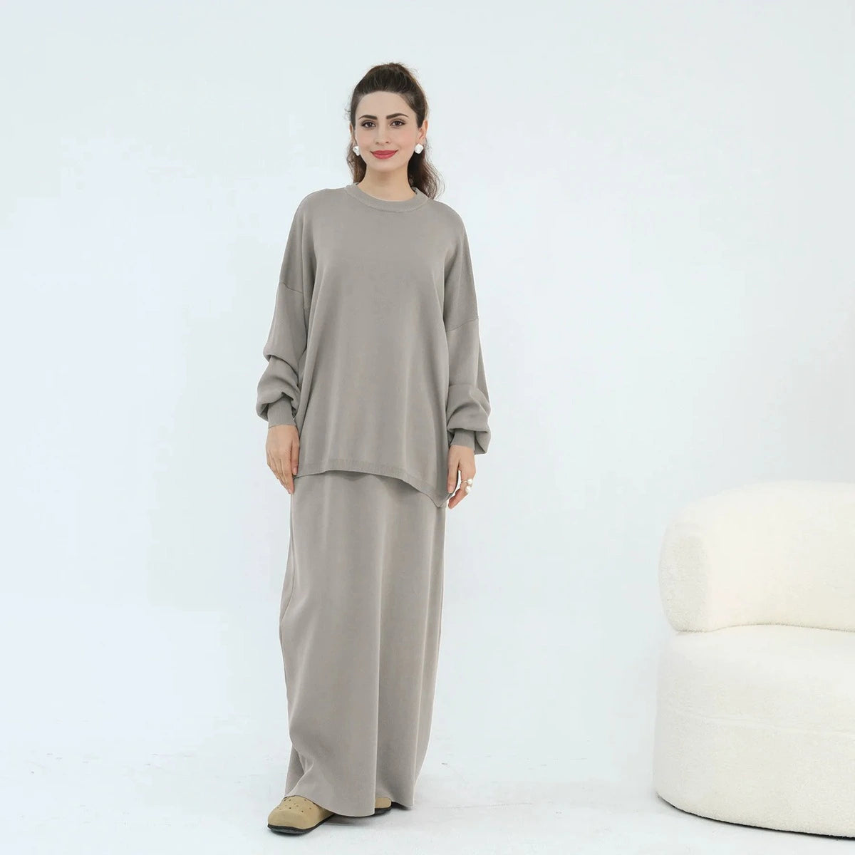Winter Fall Muslim Women Thick Knitted 2 Pieces Set Tops And Skirt Suit Set #25929