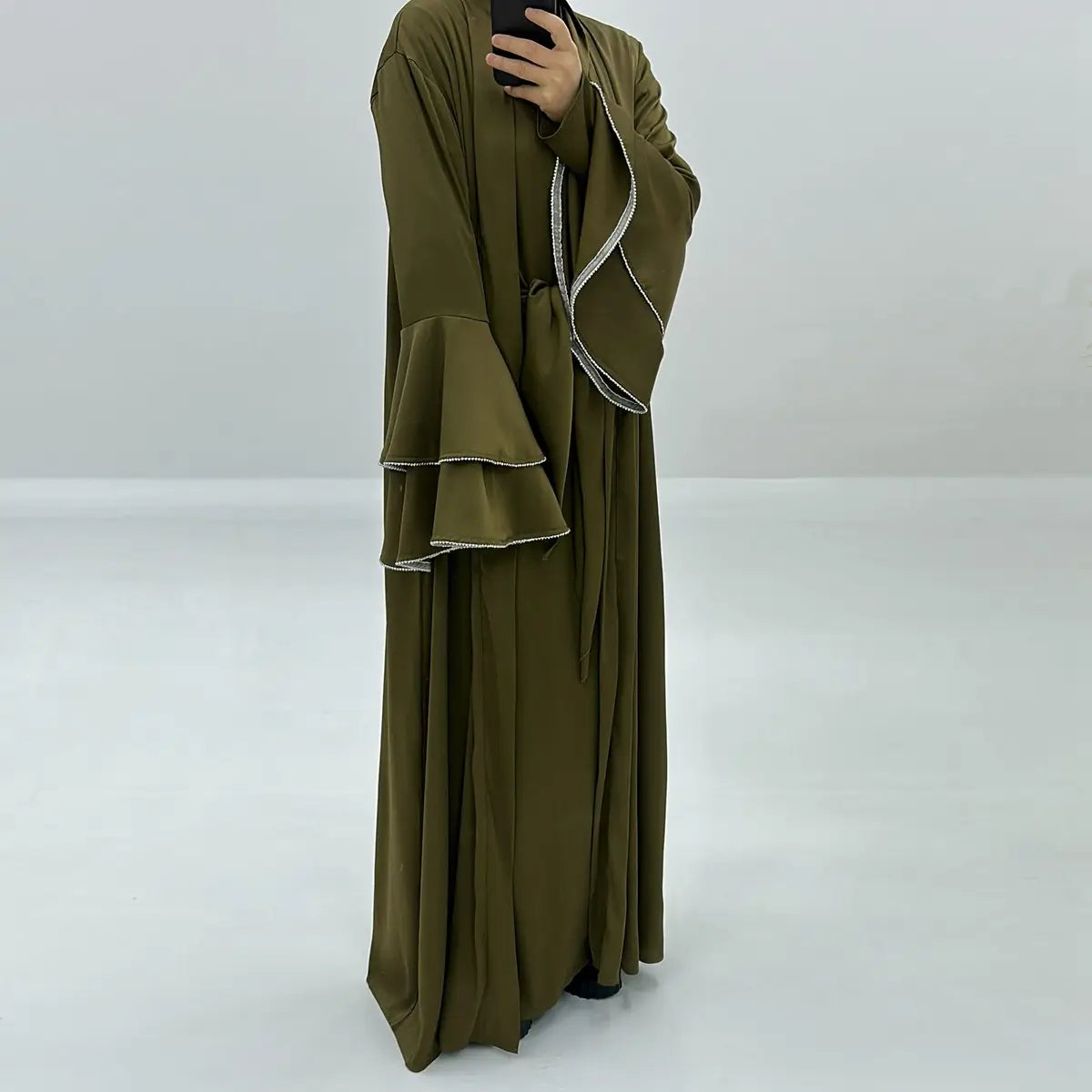 Eid Outfits 3 Pieces Set Satin Open Abaya Dress Set With Inne Dress And Midi Wrap