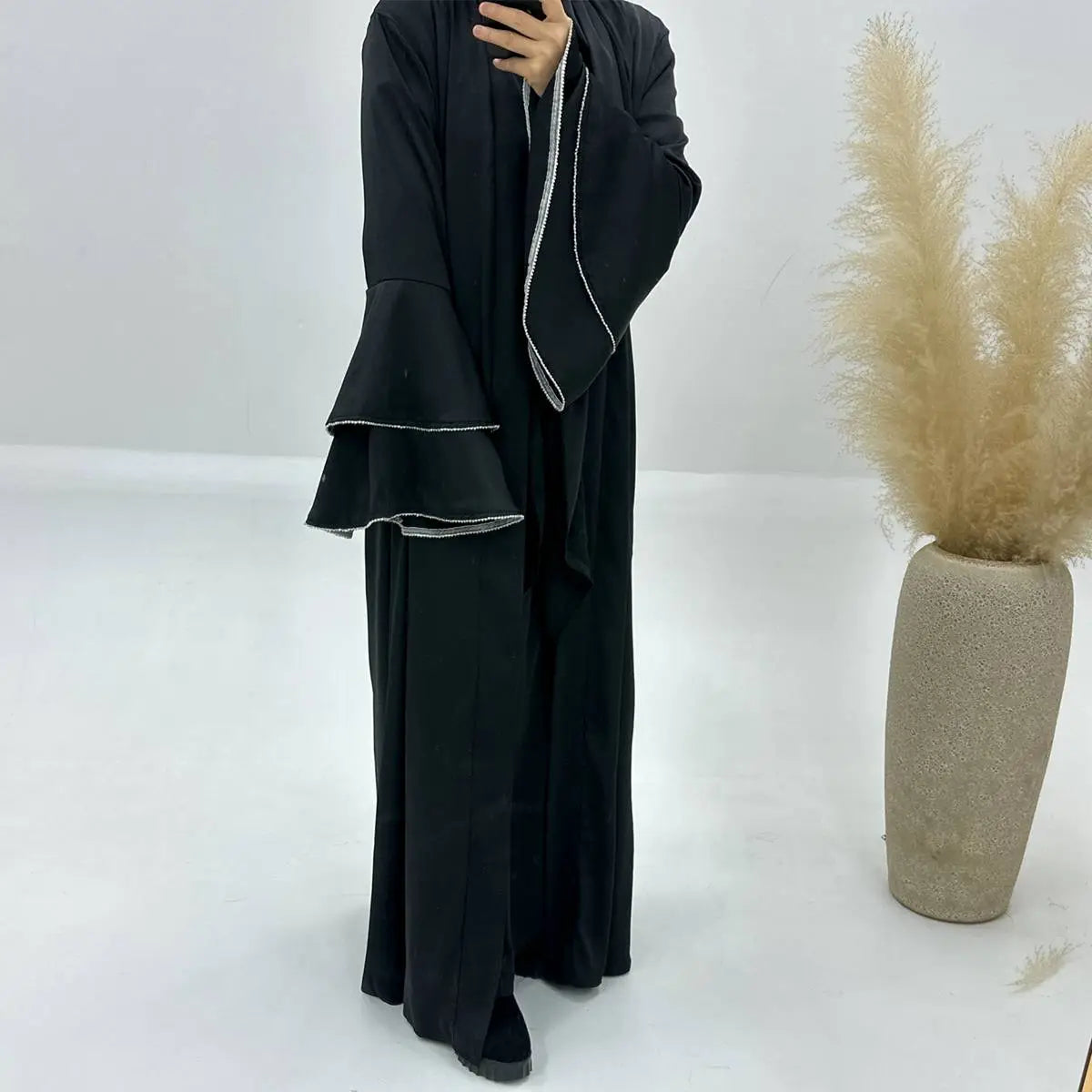 Eid Outfits 3 Pieces Set Satin Open Abaya Dress Set With Inne Dress And Midi Wrap
