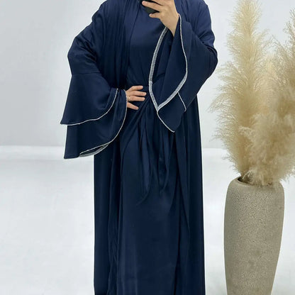 Eid Outfits 3 Pieces Set Satin Open Abaya Dress Set With Inne Dress And Midi Wrap