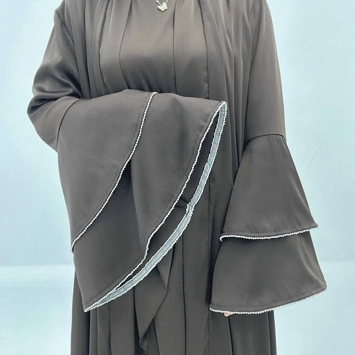 Eid Outfits 3 Pieces Set Satin Open Abaya Dress Set With Inne Dress And Midi Wrap