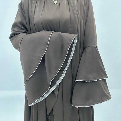 Eid Outfits 3 Pieces Set Satin Open Abaya Dress Set With Inne Dress And Midi Wrap