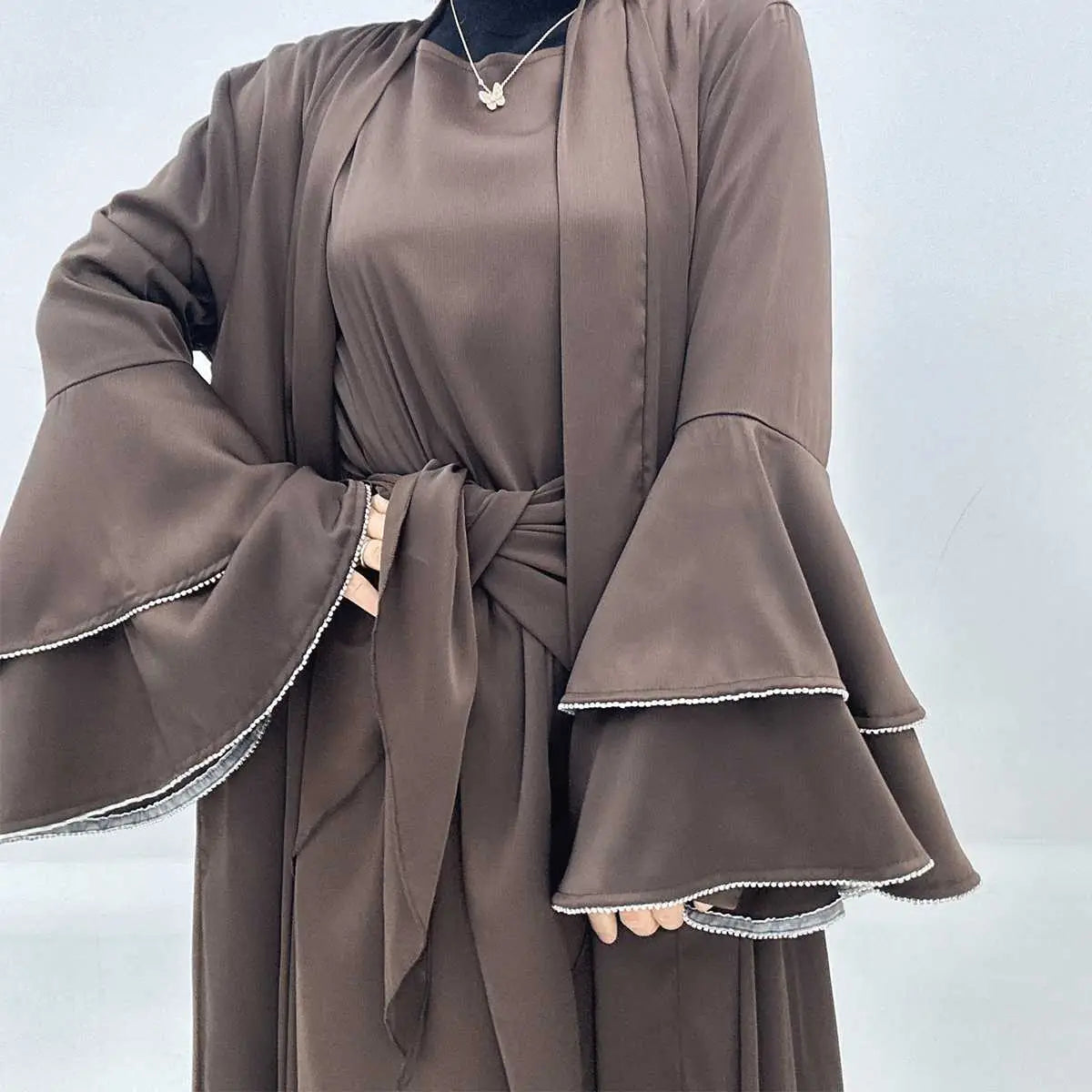 Eid Outfits 3 Pieces Set Satin Open Abaya Dress Set With Inne Dress And Midi Wrap