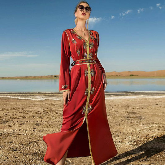 Red - M - Eid Dress Arab Dubai Hand-stitched Rhinestones Kaftan Dress For Women
