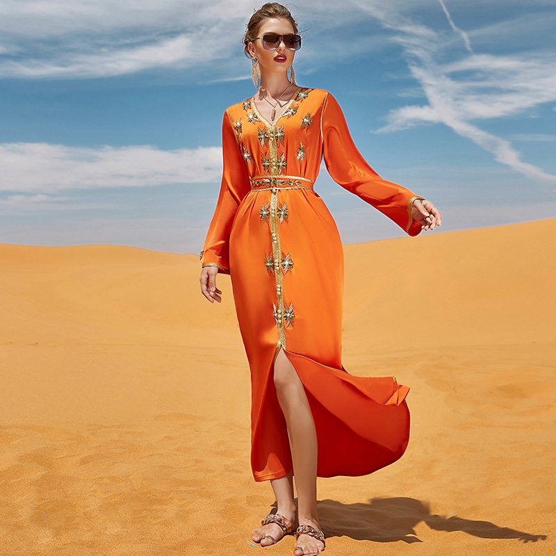 Eid Dress Arab Dubai Hand-stitched Rhinestone Kaftan Dress For Women